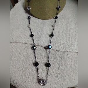 Black chain beads Aurora borealis rhinestone faux pearl necklace